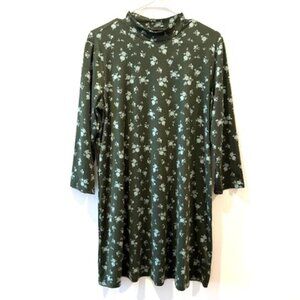 As U Wish Olive Green Floral Shift Dress with Mock Turtleneck